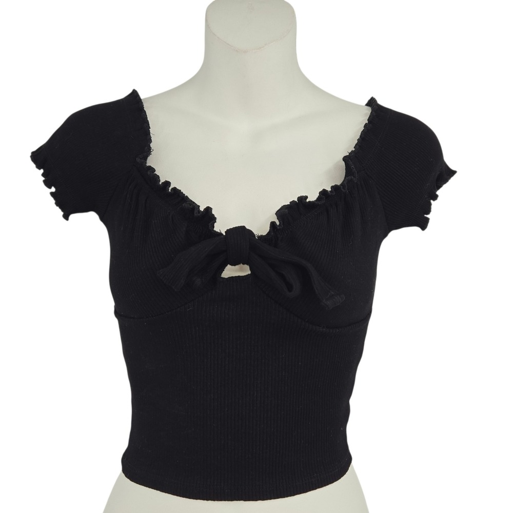 Mezzanine Crop Top Womens Small Black Ribbed Front Tie Festival Grunge Goth Y2K‎
